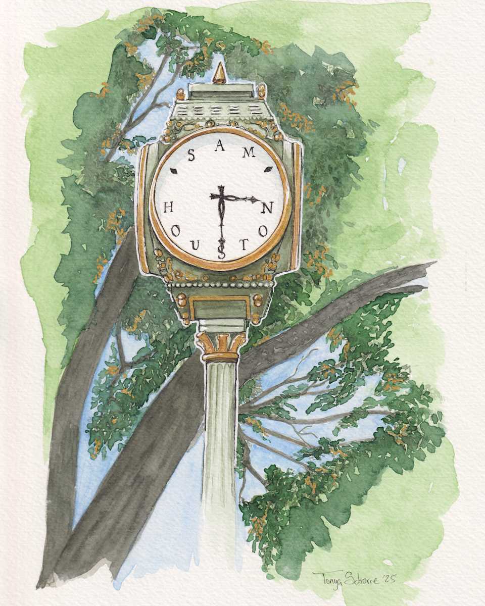 SHSU Alumni Clock by Tonya Schorre  Image: The SHSU Alumni Clock is a popular landmark on the campus of Sam Houston State University. 