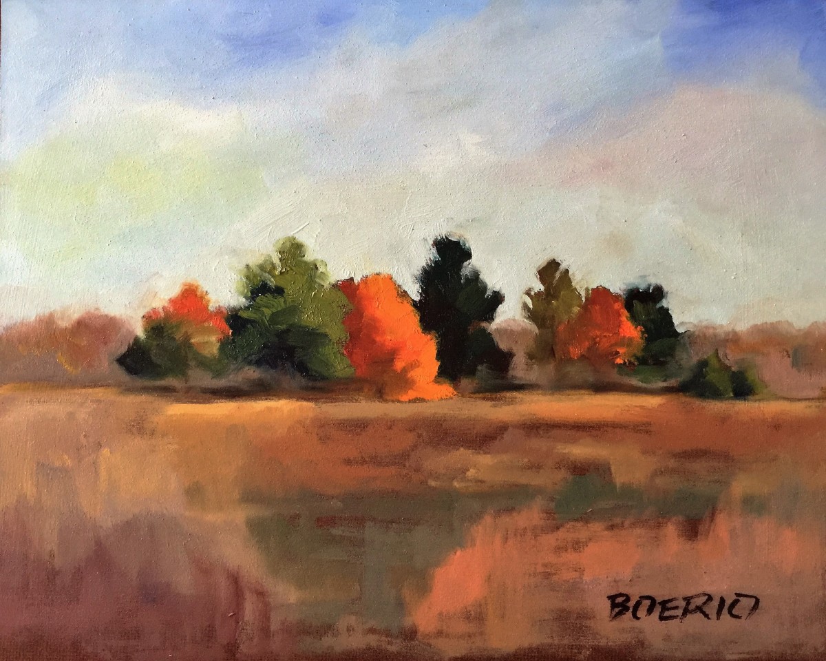 Autumn drama (9 x 12") by Carrie Lacey Boerio  Image: Autumn trees landscape plein air oil painting by Carrie Lacey Boerio