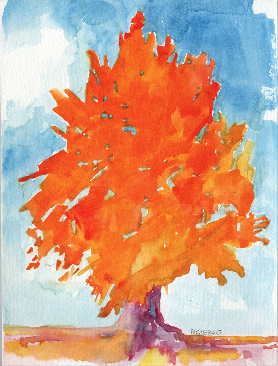 Portrait of fall , plein air by Carrie Lacey Boerio  Image: Original watercolor painting of a tree with orange leaves in fall, painted on location by Carrie Lacey Boerio