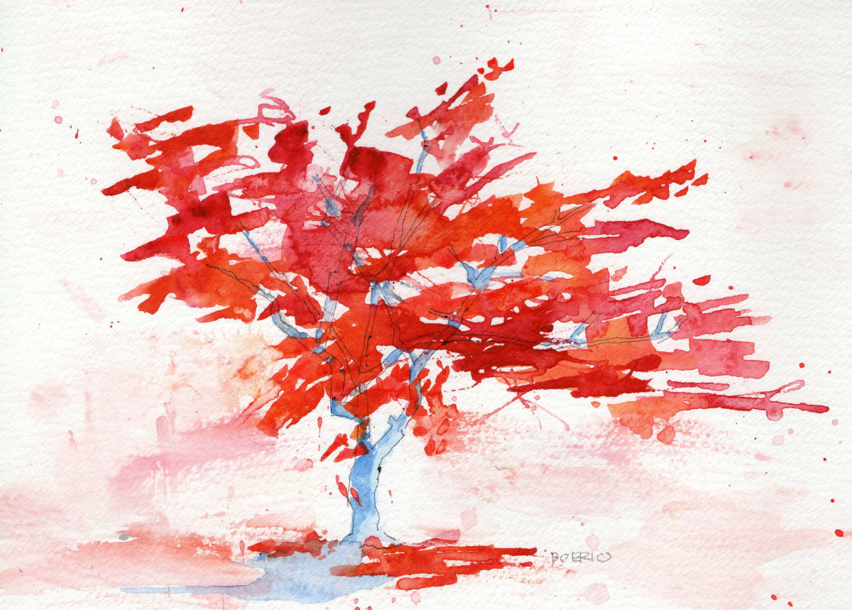Autumn Dogwood, plein air (6x8 inches) by Carrie Lacey Boerio  Image: Original watercolor painting of red dogwood tree in fall by Carrie  Lacey Boerio