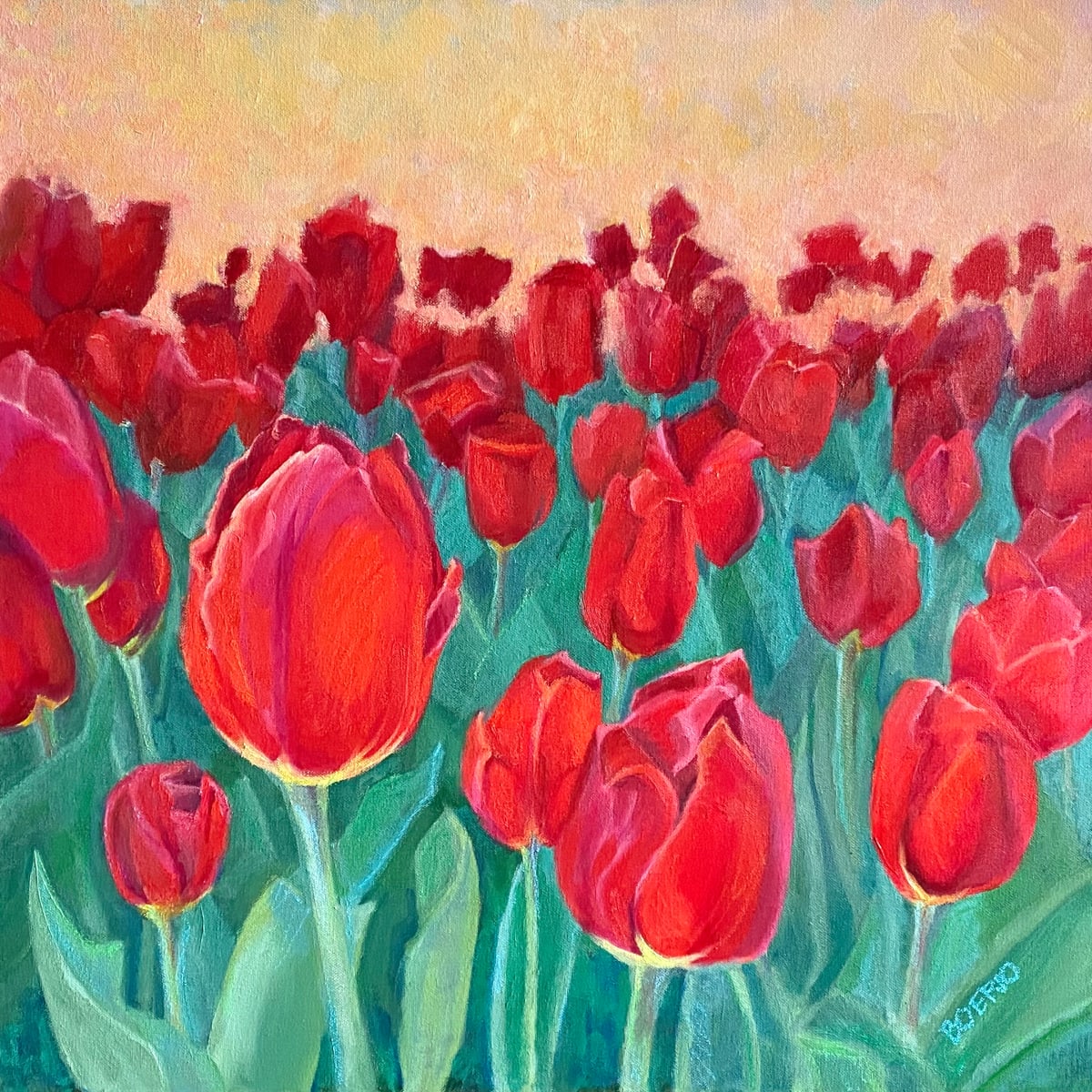 Abundance (24 x 24 inches) by Carrie Lacey Boerio  Image: Original oil painting of a field of red tulips by Carrie Lacey Boerio