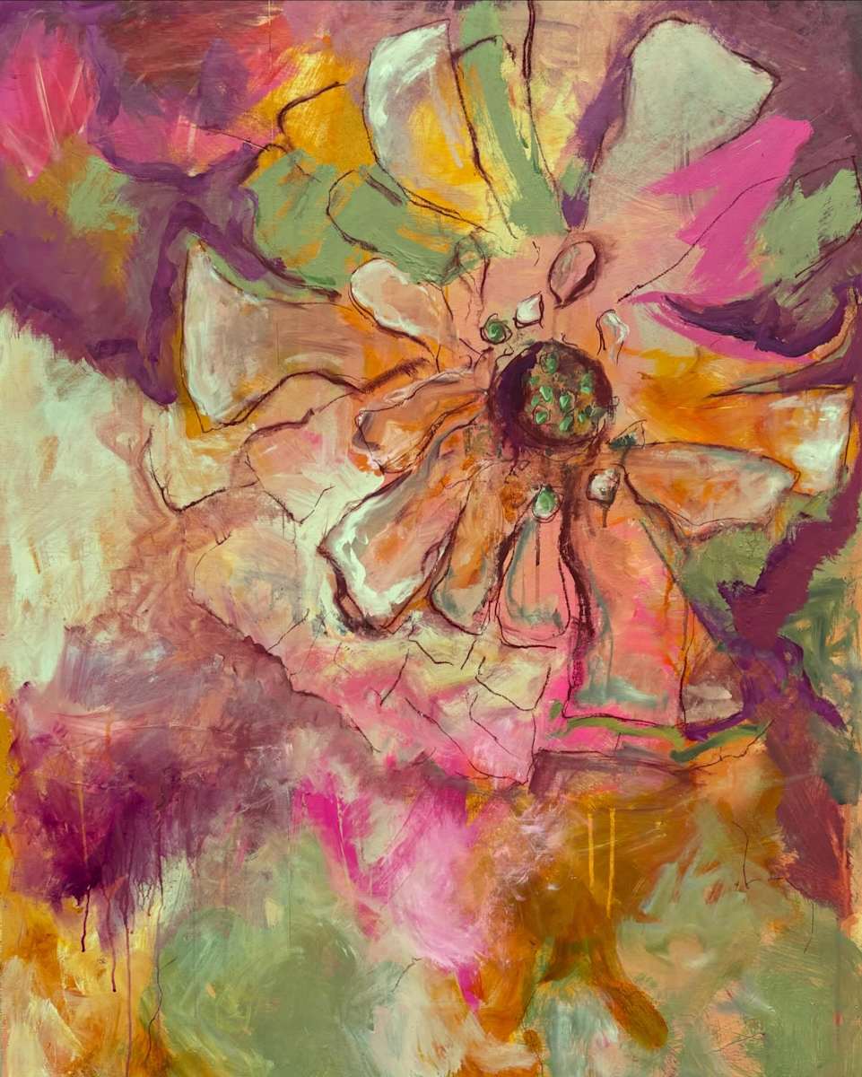 Zinnia Love by Allyson Hardy Art  Image: Inspired by Zinnias from a  Summer/Fall Garden grown for my daughter's  wedding, this piece is a special one. Swaths of bold, yet etherial colors of peach, deep plum, pinks, and other accents dance around the floral shapes made by marks of pastel. One of my Favorites!