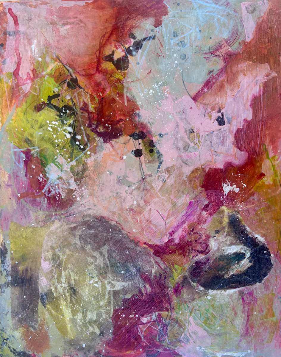 Surrounding Warmth I by Allyson Hardy Art  Image: Softness and boldness all in one piece, with interesting markmaking and all the yummy warm colors. This is on heavy paper, and can be paired wiyh its partner or hung alone. Can be purchased framed or unframed.