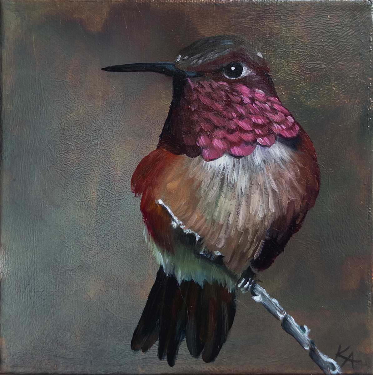 The Perch by Katheryn Anne Hande  Image: The Perch — oil painting of a hummingbird on pure copper leaf.
