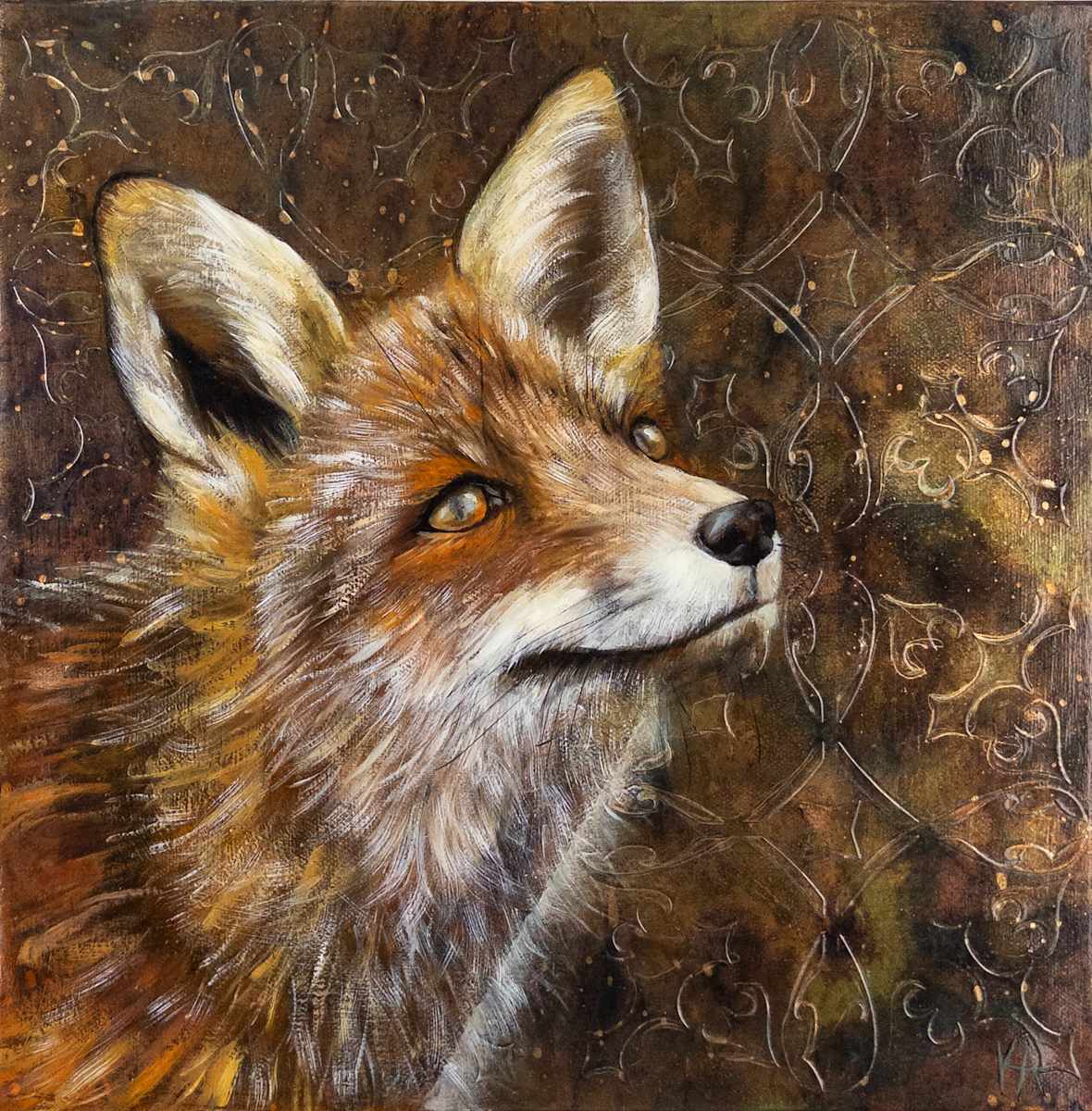 Amber Elegance by Katheryn Anne Hande  Image: Amber Elegance- Oil painting of fox on pure copper leaf with a patterned relief background.
