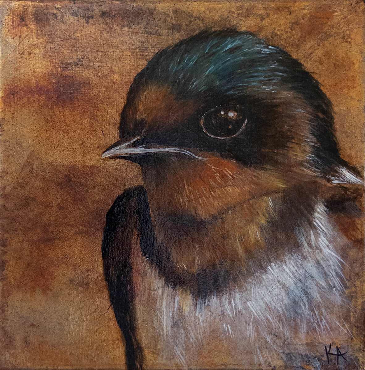 Quiet Grace by Katheryn Anne Hande  Image: Quiet Grace — oil painting of a swallow on pure copper leaf.