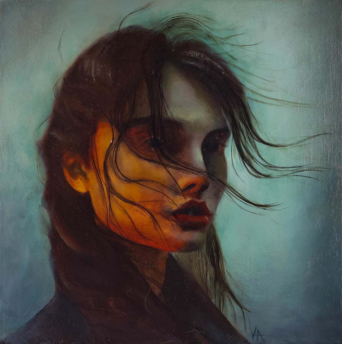Her Quiet Elsewhere by Katheryn Anne Hande  Image: Her Quiet Elsewhere — oil painting on pure copper leaf with a soft blue background.