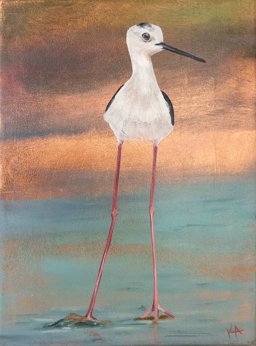 Poised in Pink by Katheryn Anne Hande  Image: Poised in Pink — oil painting of a black-winged stilt on pure copper leaf with a water and sky background.