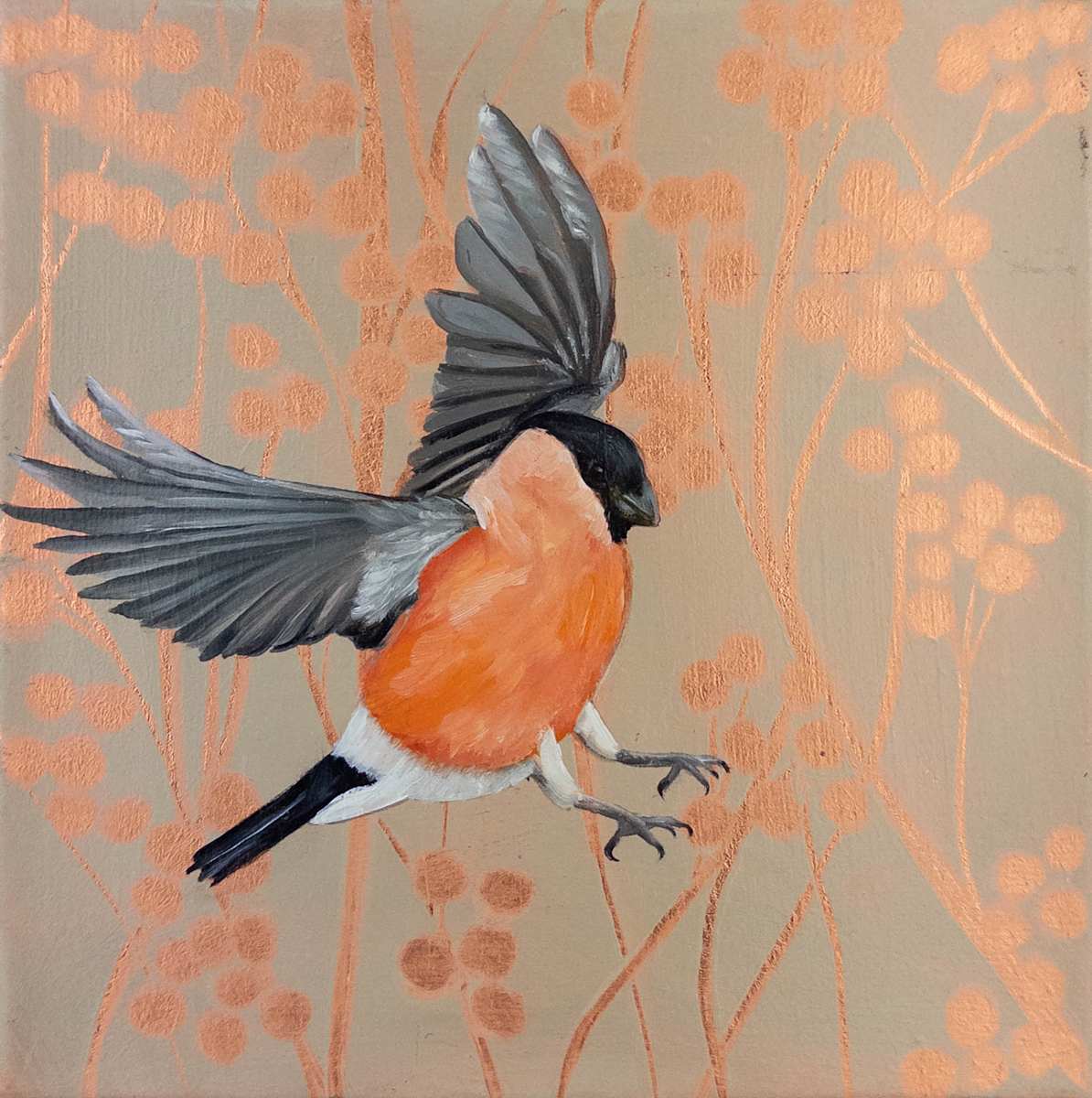 In The Moment by Katheryn Anne Hande  Image: In the Moment — oil painting of a bullfinch in flight on pure copper leaf with a botanical background.