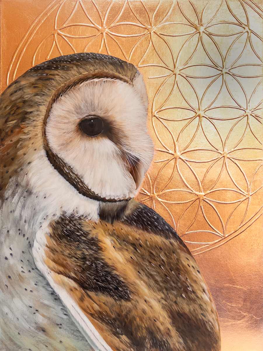 Radiant Messenger by Katheryn Anne Hande  Image: Radiant Messenger — oil painting of a barn owl on pure copper leaf with a Flower of Life motif.