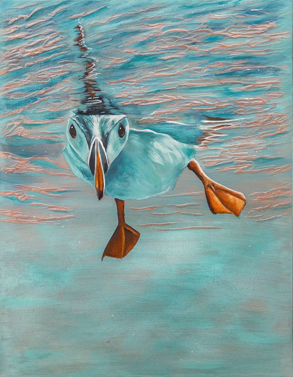 Through Gilded Waters by Katheryn Anne Hande  Image: Through Gilded Waters depicts a puffin peeking beneath the water, with textured ripples enhanced by the shimmer of pure copper leaf.