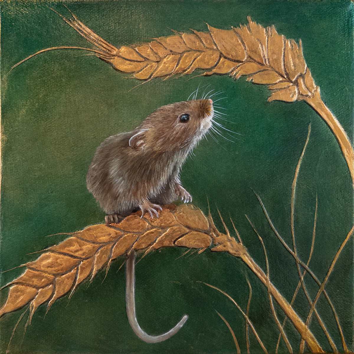 Among the Grains by Katheryn Anne Hande  Image: Among the Grains — oil on canvas with textured copper leaf wheat and fine detail of a field mouse.