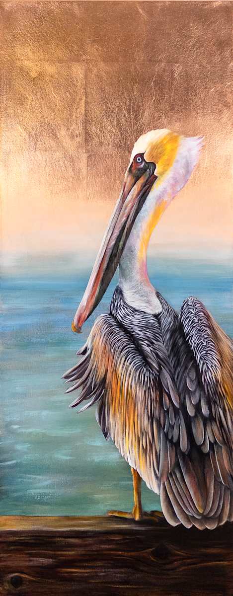 Radiance at the Water’s Edge by Katheryn Anne Hande  Image: Radiance at the Water’s Edge — A Brown Pelican standing tall where the sea meets the light.
