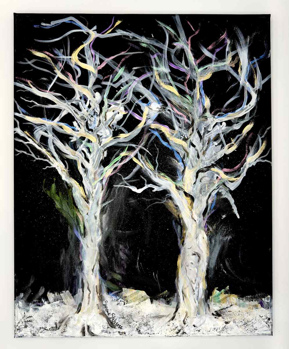 Ghost Trees by SUSANA K. MARSCH  Image: Silent sentinels in a midnight grove, where whispers of color haunt the frost.
