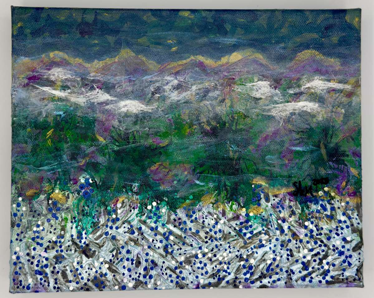 Hill Country by SUSANA K. MARSCH  Image: A dreamlike landscape evoking Texas Hill Country at dusk—where mist clings to lavender peaks and wildflowers scatter like stardust across the earth. 