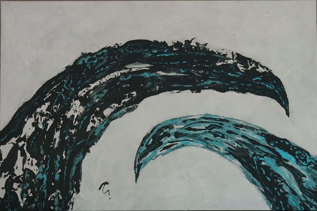Dream Waves by Karin Faris Hills  Image: Full view of 24 x 36 painting.  The background in most light looks like this photo but in some light it does look more like the other full view photo I have attached.