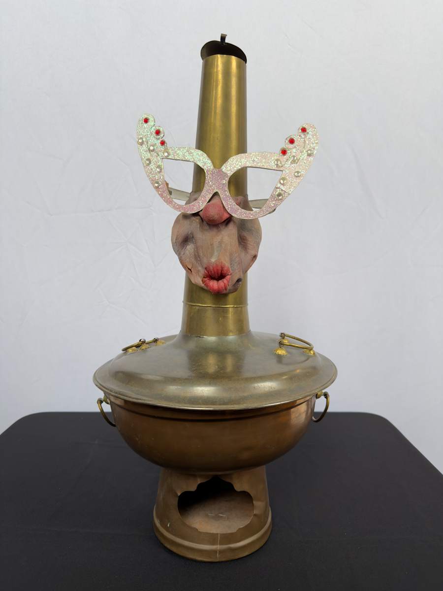 Metal incense burner with face and glasses 