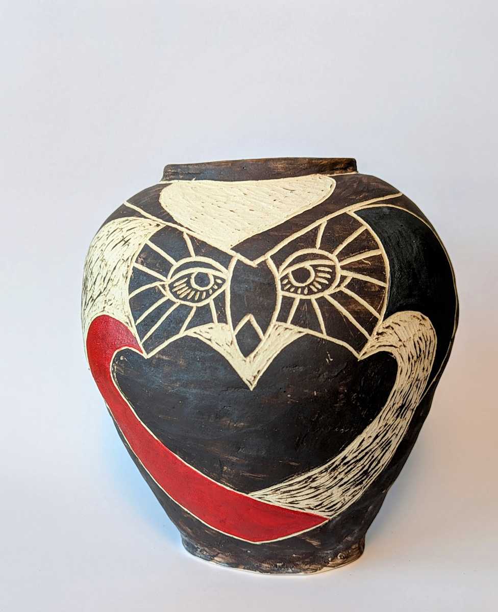 Red Stripe Owl Vase by Jill Robinson, Image 1.