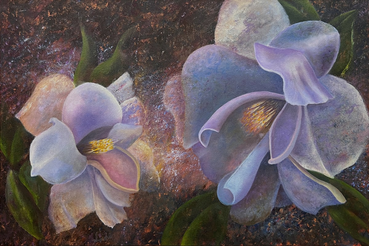 Cosmic Camellias by Mary Ahern  Image: Acrylic underpainting of a NAWA Hubble Image. Glazed oil painting of Camellias
