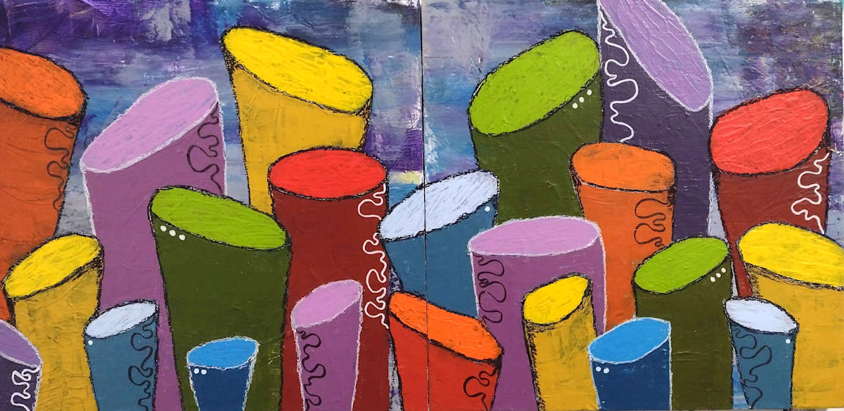 Voices Rising by Lisa Ruch  Image: This is unframed on cradled wood with (red) painted sides, so it/they can be attractively hung right away.