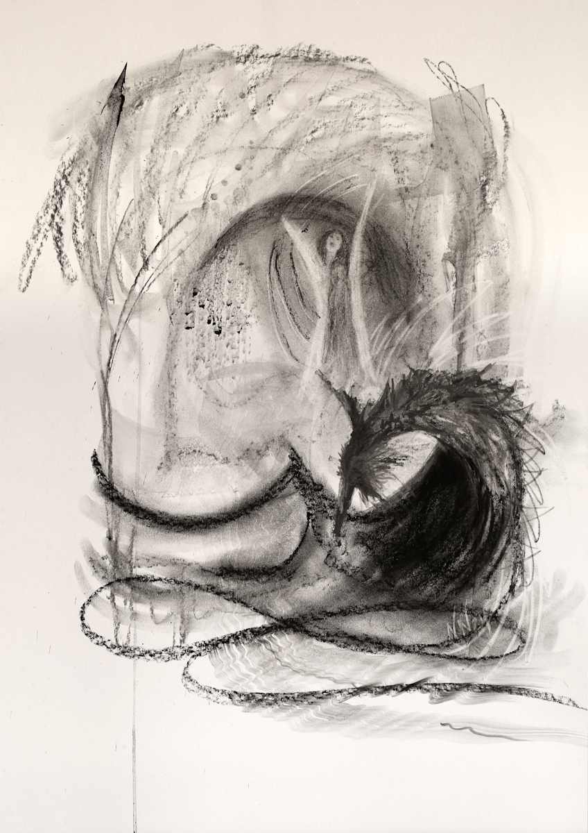 Protected by Natascha Nigg  Image: Protected zeigt einen Engel der beschützend hinter einer Person steht. Im Vordergrund ist ein aus den Wogen entstehender Drache dargestellt.  Welche Drachen auch immer vor uns sind- wir sind nie allein