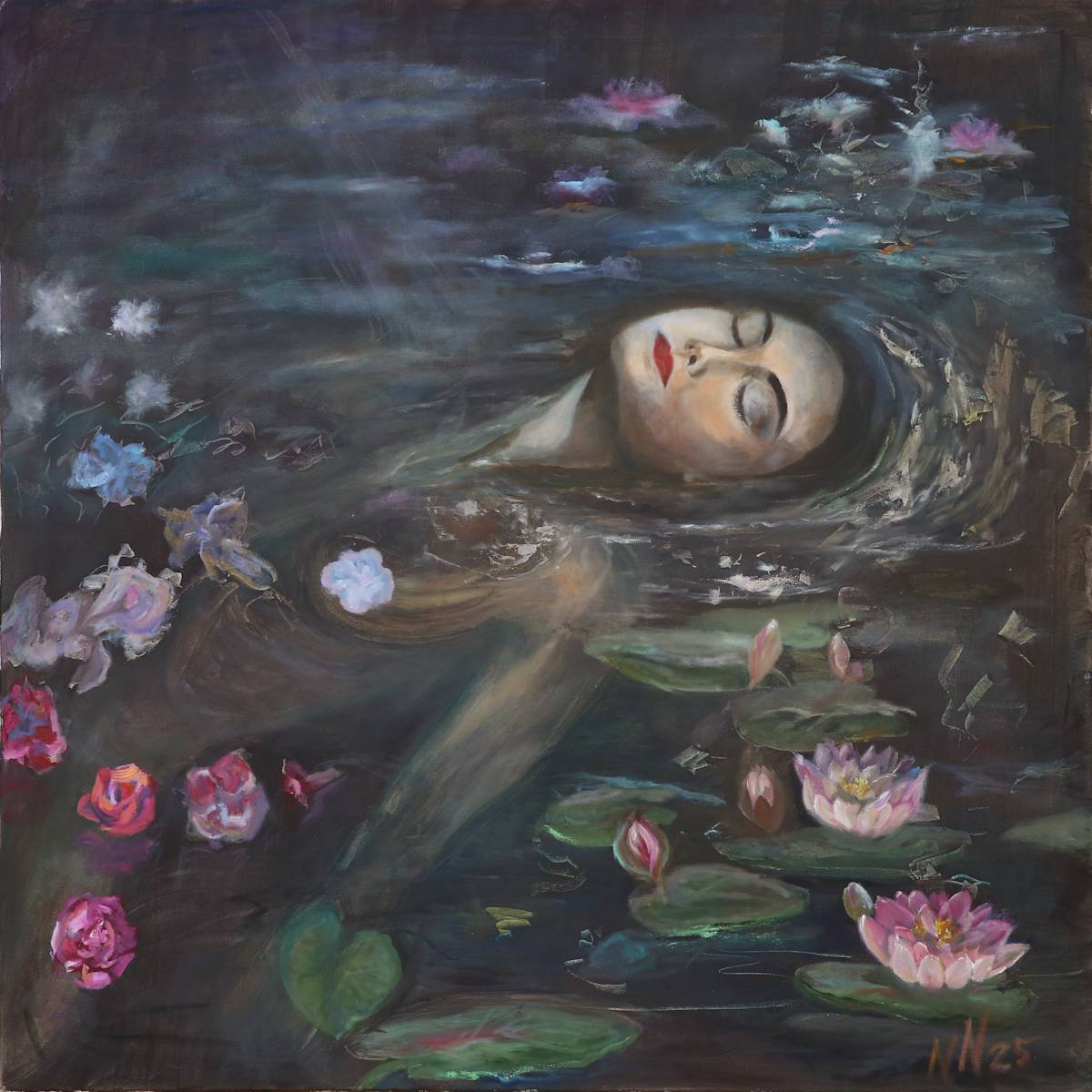 Floating under Fullmoon by Natascha Nigg Art  Image: Floating under Fullmoon zeigt eine Frau, schwebend im Wasser der Nacht. Das Licht des Mondes berührt ihr Gesicht, welches in der Dunkelheit maskenhaft wirkt, und das Wasser. Es zeigt die gleiche Szene wie im Bild Floating into the light und wurde als zweite Version  gemalt. Es spricht von stillem sich treiben Lassen im Frieden und in der Ruhe. Sie ist Teil der Serie "Moments".