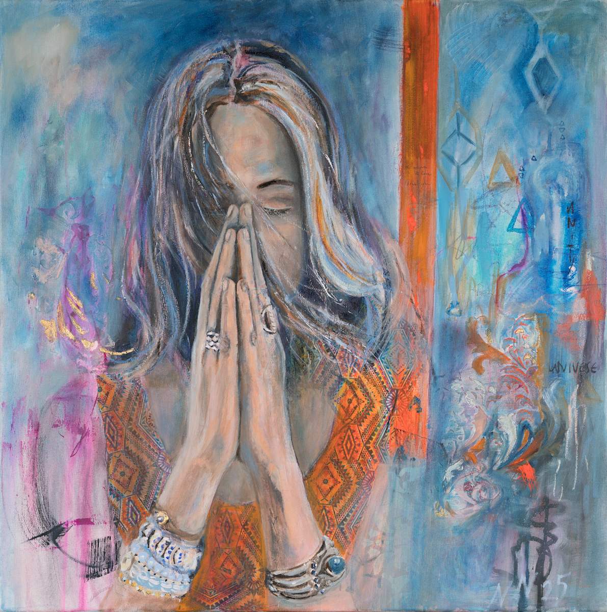 Centered by Natascha Nigg  Image: Centered zeigt eine Frau, welche in der Verbindung mit sich steht, zentriert und kraftvoll angebunden - trotz intensiver Einflüsse von aussen. Sie ist bewusst abstrahierter, da Zentrierung und Dankbarkeit für diesen Zugang im Vordergrund stehen. Sie ist Teil der Serie "Moments".