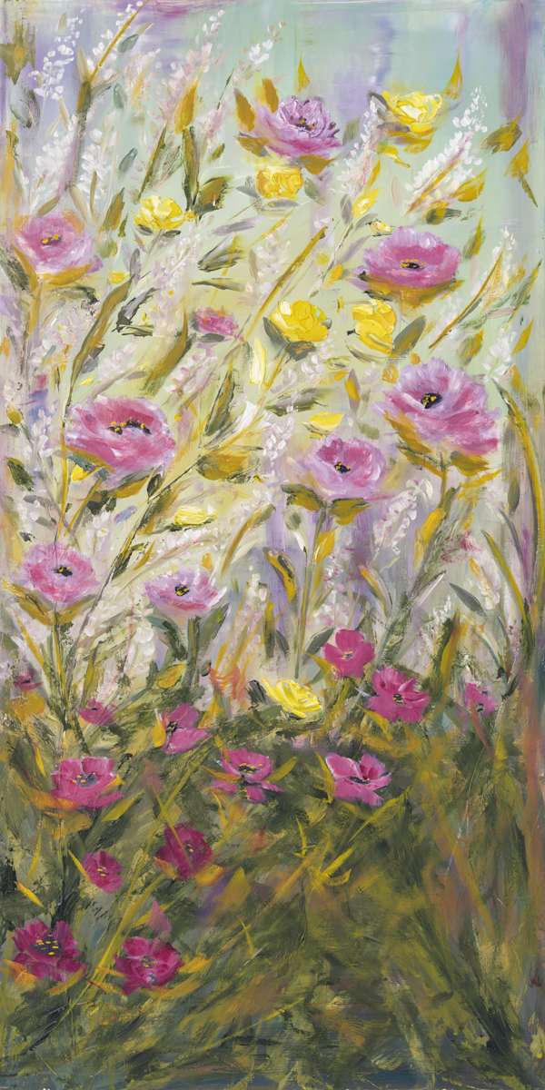 Crimson Symphony by Michelle M Johnson  Image: Experience the beauty and grace of nature with "Crimson Symphony", a stunning 12x24 acrylic and oil painting featuring pink and yellow roses set against an abstract background. This artwork captures the essence of movement and showcases the  inspiration drawn from the natural garden setting. With its vibrant colors and delicate details, "Crimson Symphony" is sure to add a touch of elegance to any space.