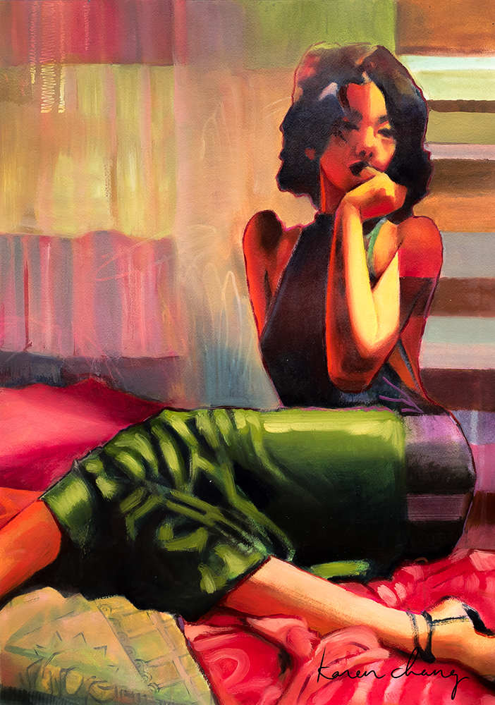 Anticipation by Karen Chang  Image: Anticipation, 2024, Oils over mixed media on paper, 27 x 19 inches