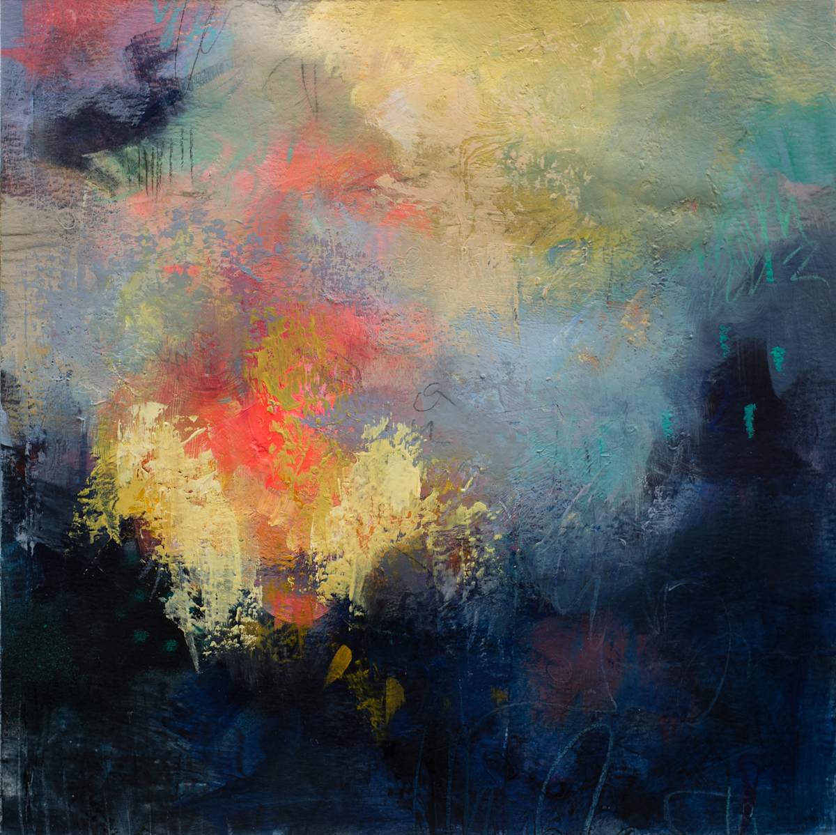 Weathered Sky by Karen Chang  Image: Weathered Sky, 2025, Oils over Mixed Media on Paper, 12 x 12 inches