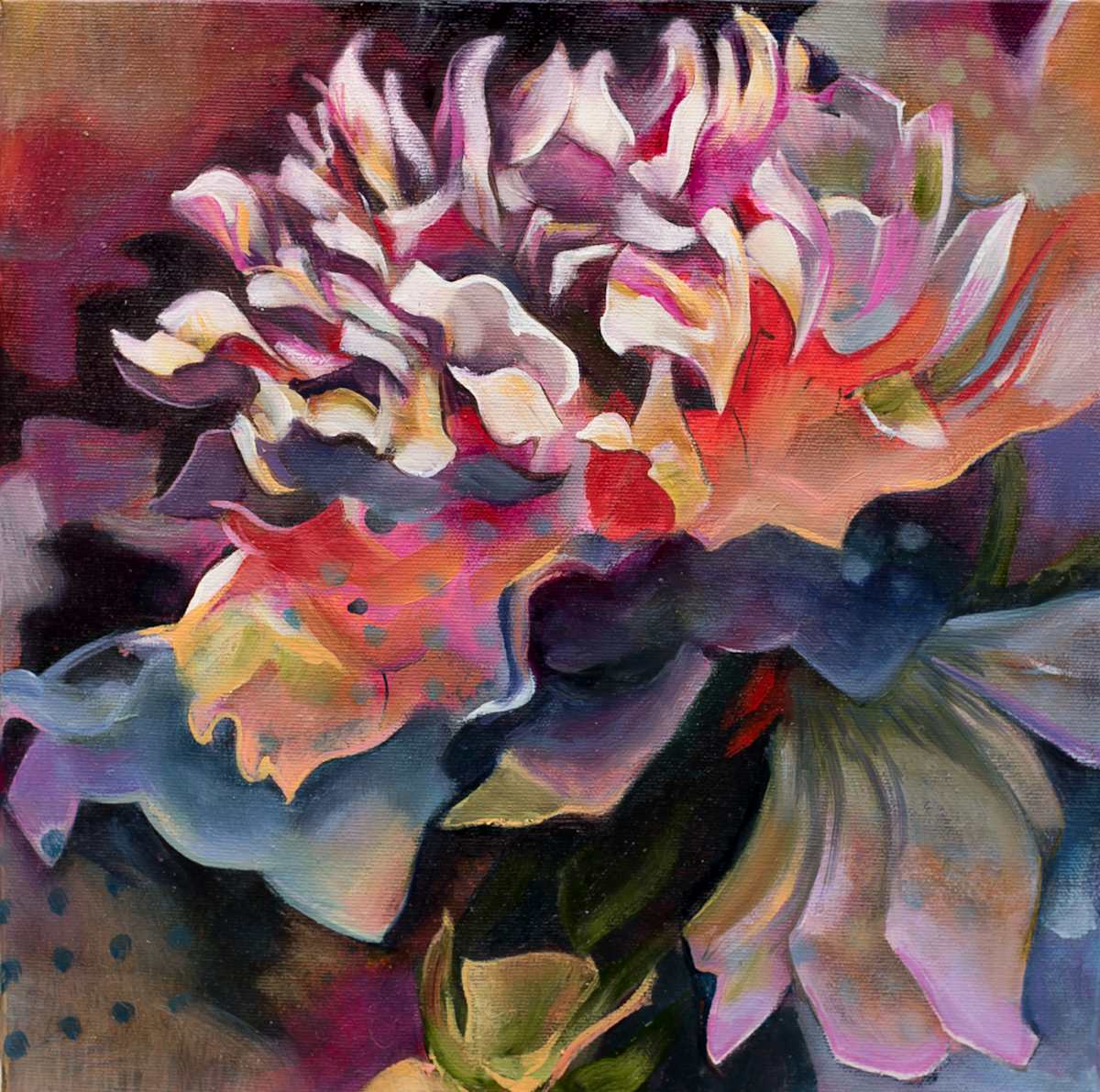 Petal Memory by Karen Chang  Image: Petal Memory, 2025, Oils over Mixed Media on Canvas, 12 x 12 inches
