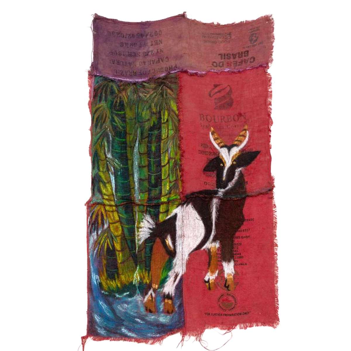 Buena Suerte by Quiara Torres  Image: Oil stick & Dye on Hand Sewn, Salvaged Burlap Sacks. Copyright © 2025 Quiara Torres