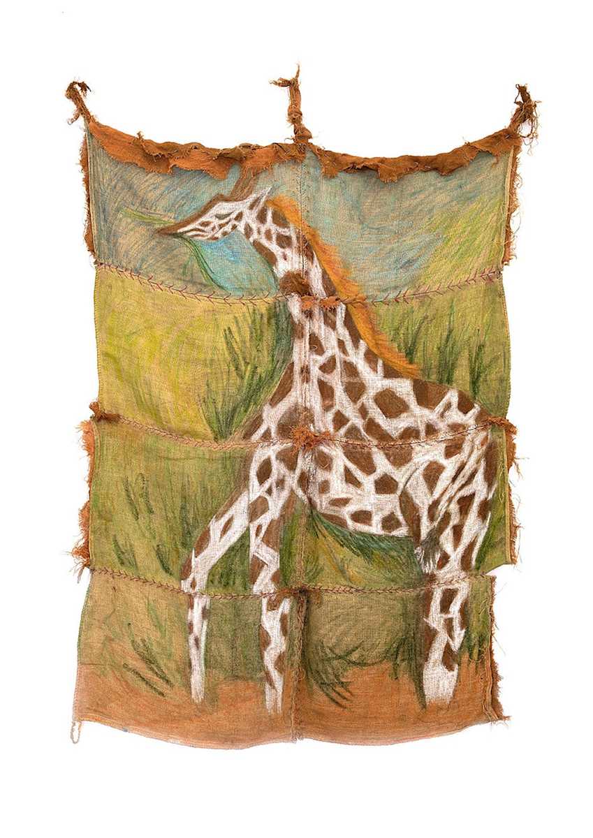 Le Girafe by Quiara Torres  Image: Oil Pastel, Oil Stick  & Dye on Salvaged Burlap Sacks. Copyright © 2025 Quiara Torres