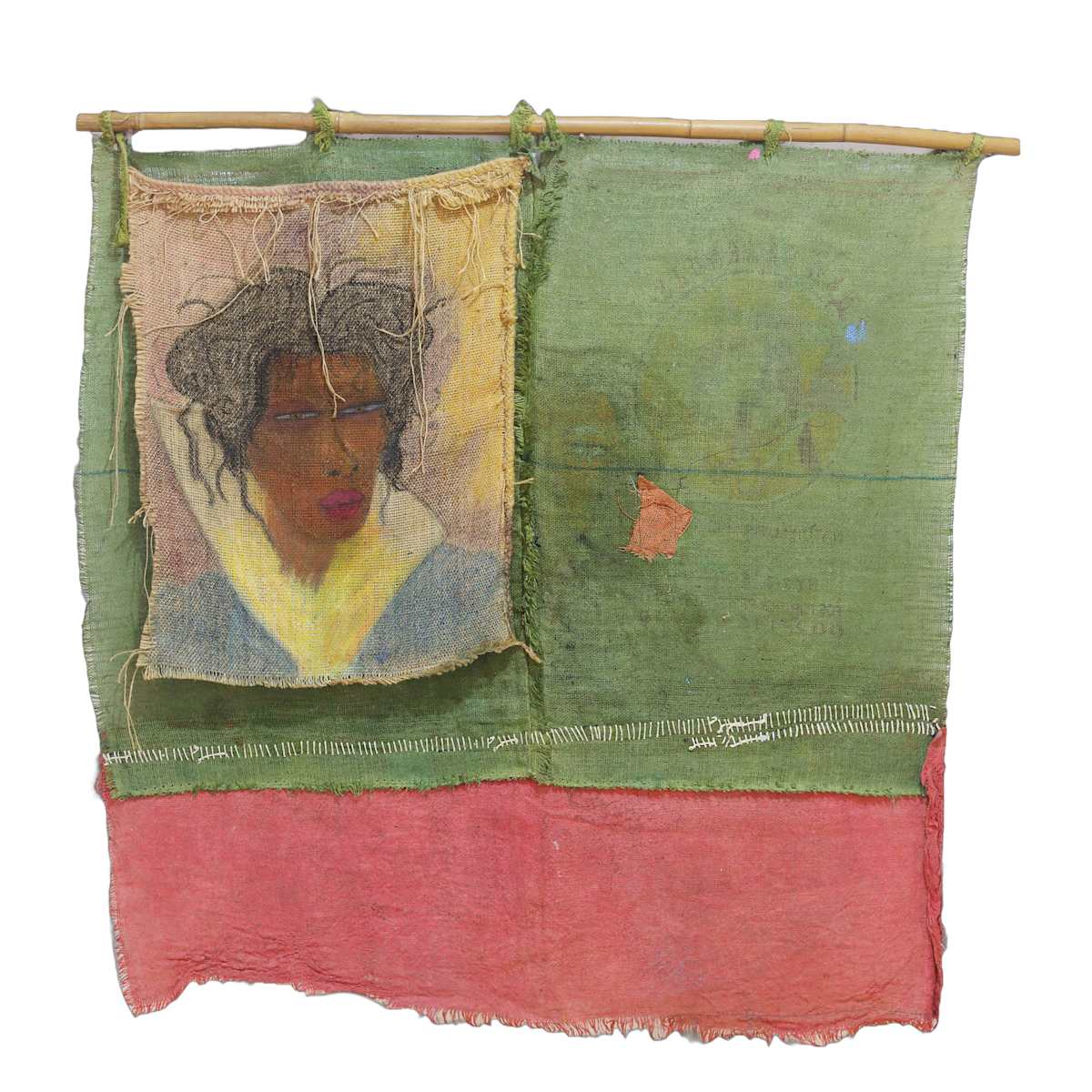 My Royal Wedding by Quiara Torres  Image: Oil Pastel, Oil Stick, Nails on Burlap on Dyed, Hand Sewn Salvaged Burlap Sacks on Bamboo. Copyright © 2025 Quiara Torres