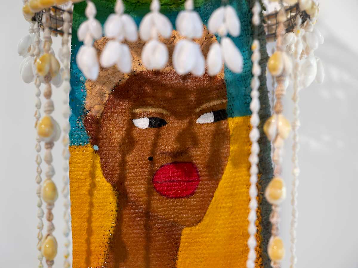 Satin Doll by Quiara Torres  Image: Oil Stick & Dye on Burlap Sack in Shell Frame. Copyright © 2025 Quiara Torres