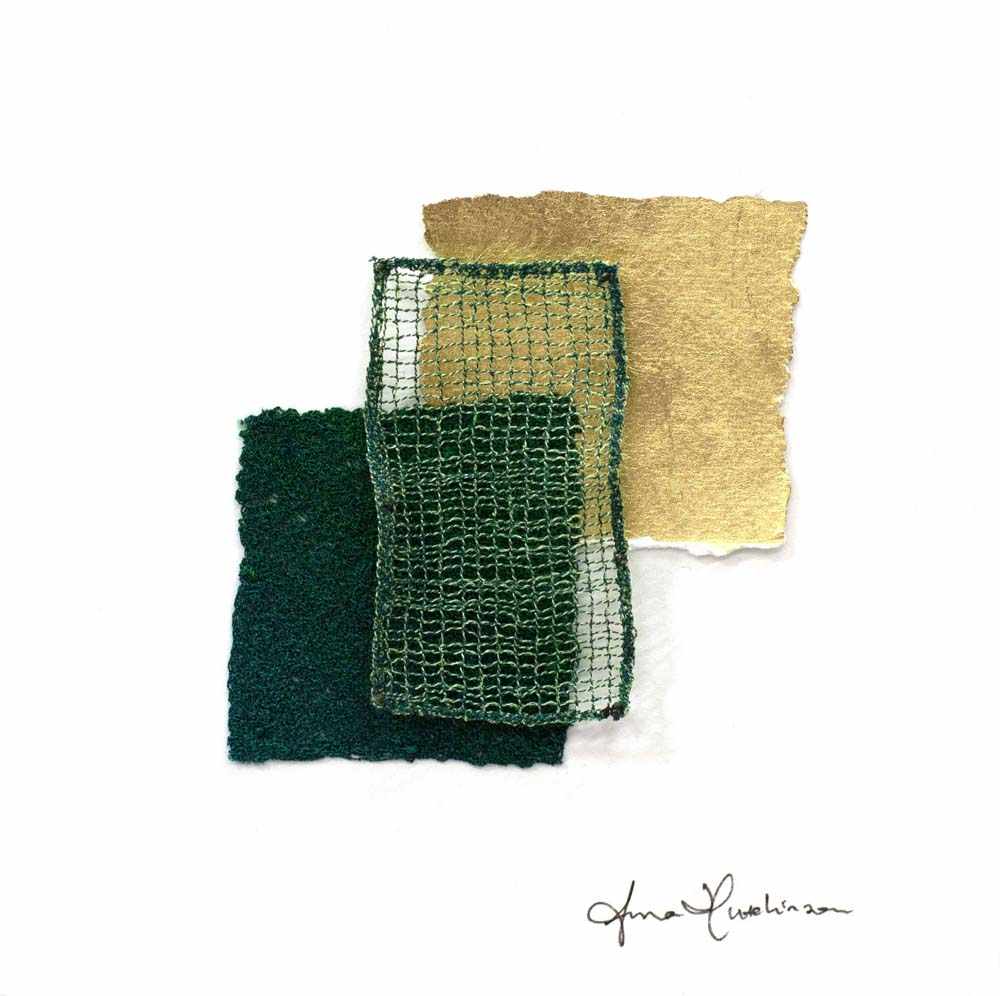 Field Study 2 by Anna Hutchinson  Image: Stitched mesh suspended over gold leaf and green threadwork.
An abstract take on how we divide, measure, and value land.
Grids, layers, boundaries—both real and imagined.