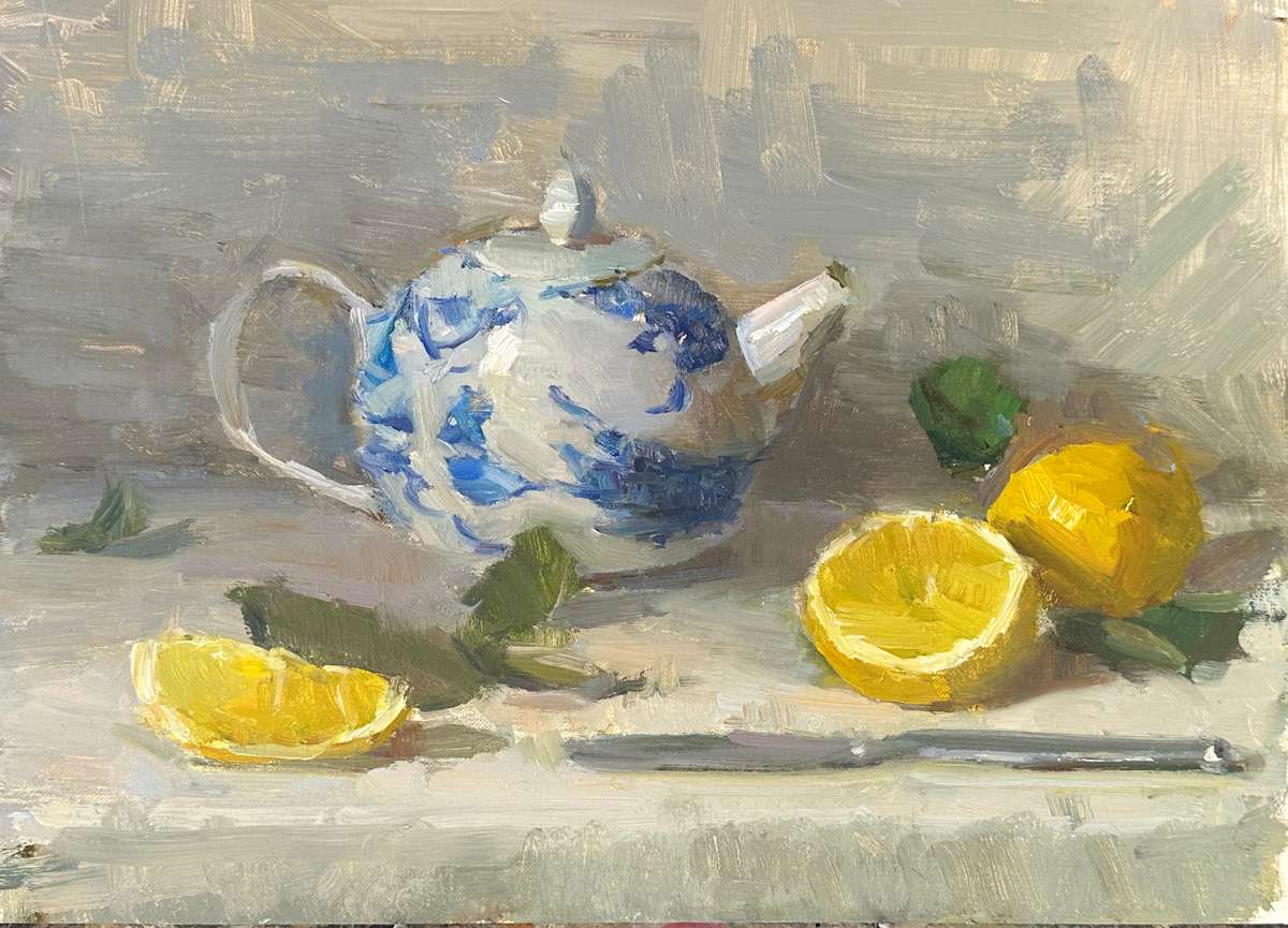 Delt Teapot and Lemons by Patricia Nebbeling  Image: framed