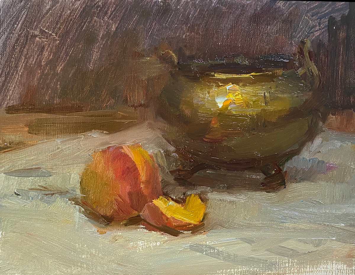 Peach and Brass Pot by Patricia Nebbeling  Image: framed