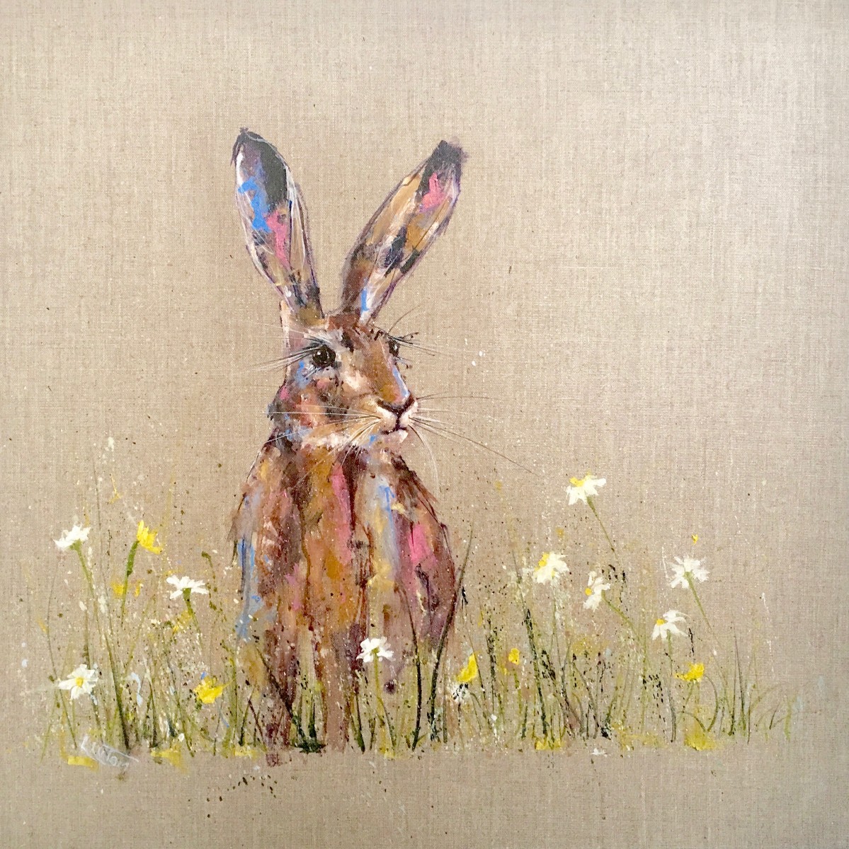 Hare amongst the buttercups and daisies by Louise Luton 
