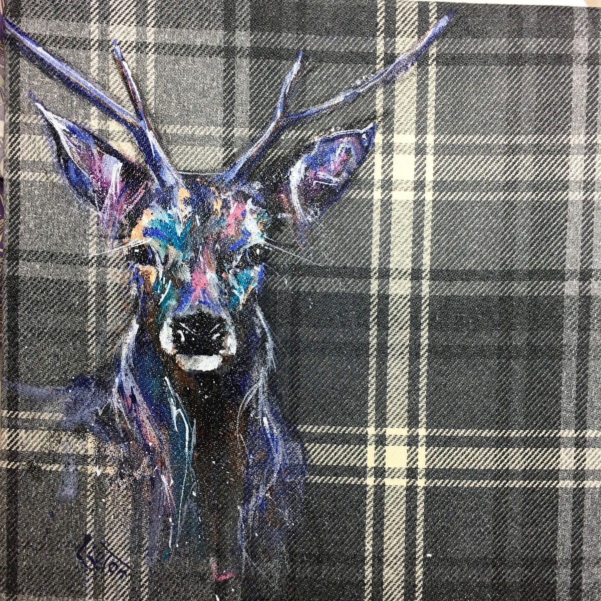 Stag on charcoal tartan by Louise Luton 