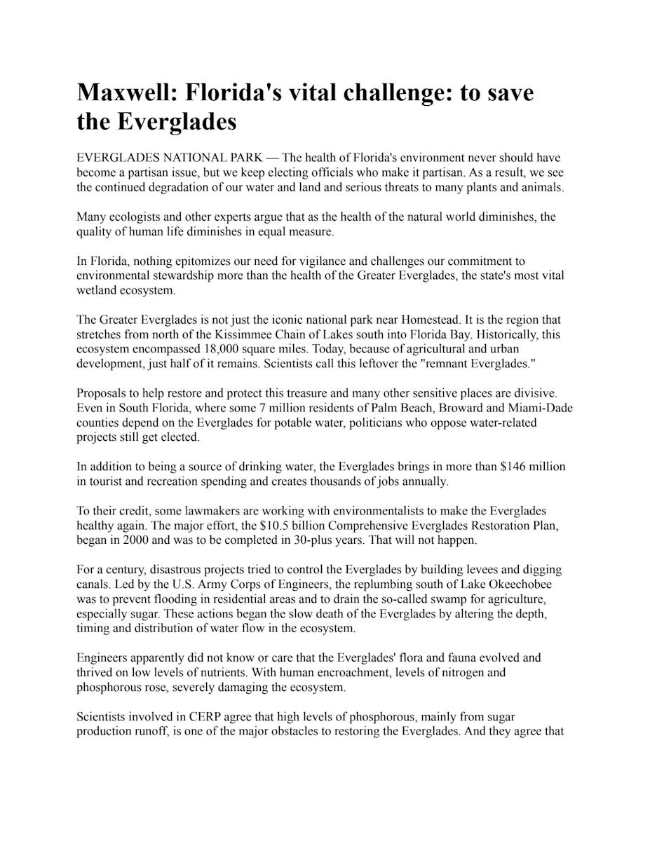Florida's vital challenge: to save the Everglades by Bill Maxwell 