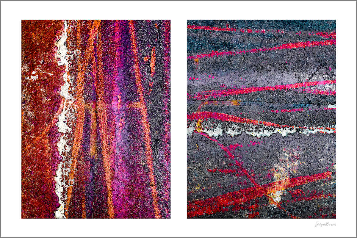 Seeing Red #12: Colorful Bike Tracks Abstract by Susan Bowen  Image: Bicycle tire tracks through paint