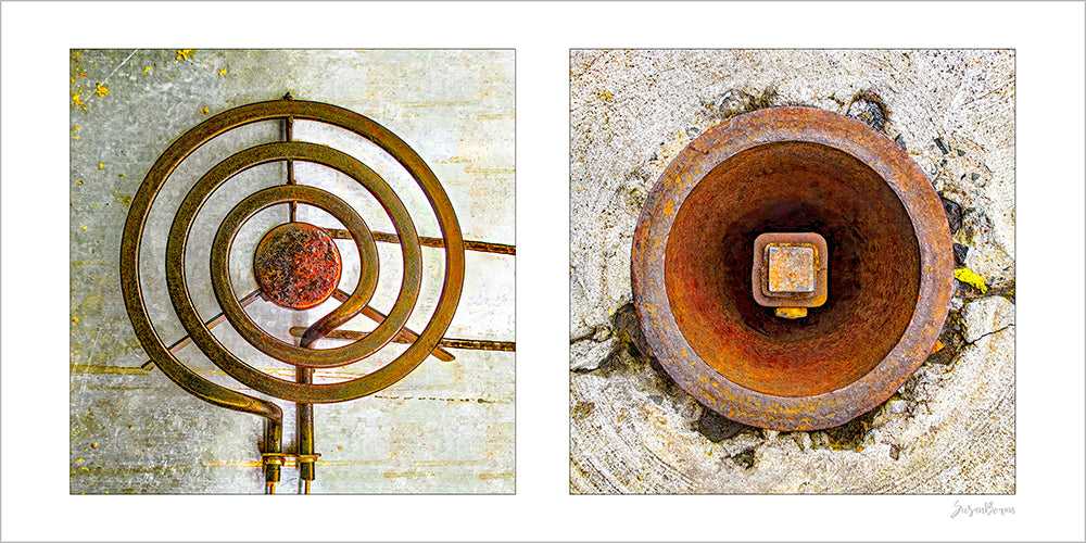 Round Pair #03: Stove and Rusty Hole Abstract by Susan Bowen 