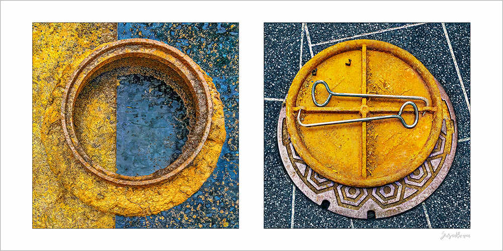 Round Pair #01: Manhole Covers, Orange and Blue by Susan Bowen 