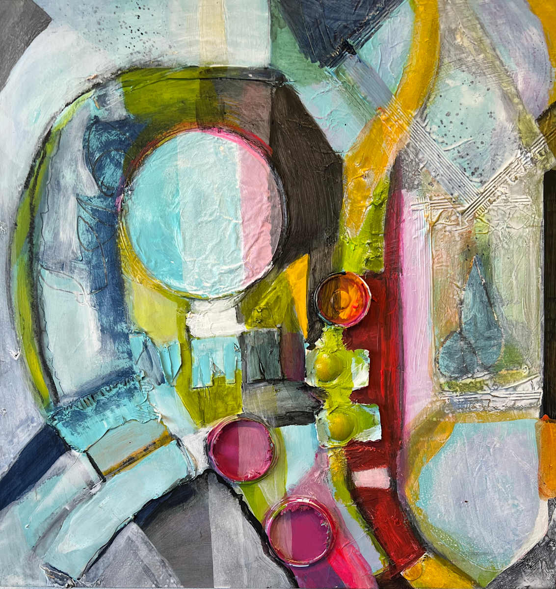 7 Days IV by Susan Irish  Image: I am trying really hard to make my art more powerful and its message more clear. Currently I am challenging myself to incorporate the trash I generate each day into a series of seven paintings. I thought I was good about refusing, reducing, reusing, and recycling, but I have a lot of materials after seven days.