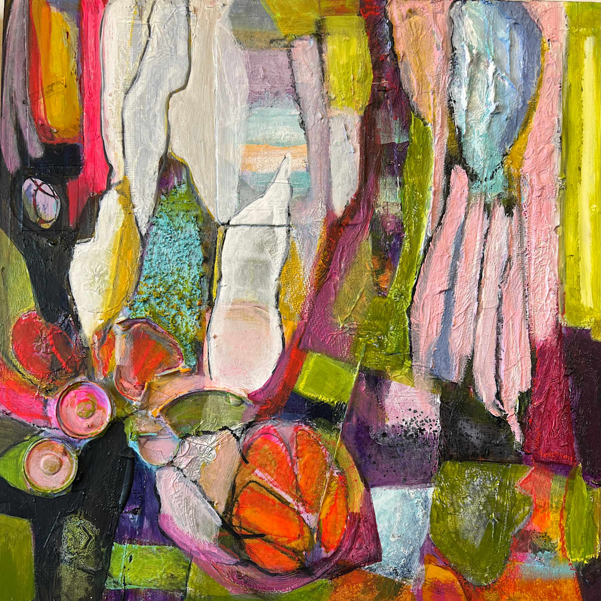 7 Days V by Susan Irish  Image: I am trying really hard to make my art more powerful and its message more clear. Currently I am challenging myself to incorporate the trash I generate each day into a series of seven paintings. I thought I was good about refusing, reducing, reusing, and recycling, but I have a lot of materials after seven days.