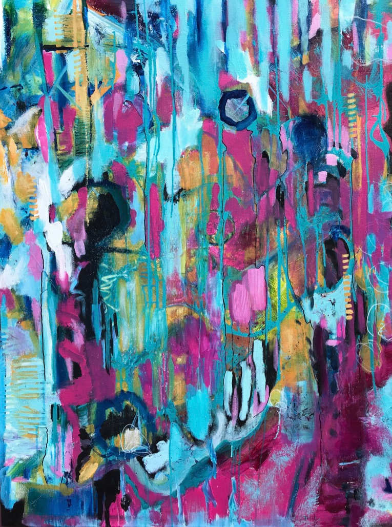 Magic by Susan Irish  Image: This painting was created in front of an audience at a Family Night event. The students had been studying art words like pattern and texture. They were invited to reach into my repurposed Crown Royal velvet pouch and retrieve a plastic coin inscribed with color, shape, line and the other elements and principles. The color coin allowed them to dictate the color of paint I had to use. Every so often a child pulled out the coin labeled MAGIC. As easily as they could rattle off the sophisticated concepts of art, they could believe I performed magic. They were graciously impressed when a spray bottle splashed metallic paint or a giant scrub brush transformed into a painting tool. 
