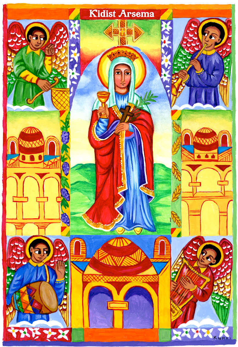 Saint Kidist Arsema – Ethiopian Orthodox Martyr and Holy Witness by K. Haile Maskel  Image: A radiant tribute to Saint Hripsime, venerated in Ethiopia as Kidist Arsema—depicted with symbols of martyrdom and angelic praise in vibrant Ethiopian iconographic style.