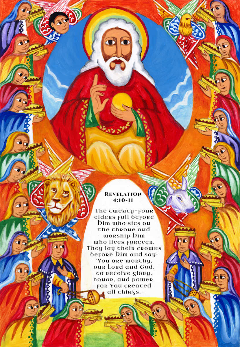 Egziabhir Ab Enthroned – Revelation 4:10–11 by K. Haile Maskel  Image: A sacred portrayal of the Lord Almighty on His throne, worshipped by the 24 elders. Inspired by Revelation 4:10–11. Original watercolor by K.H. Maskel, 2022.