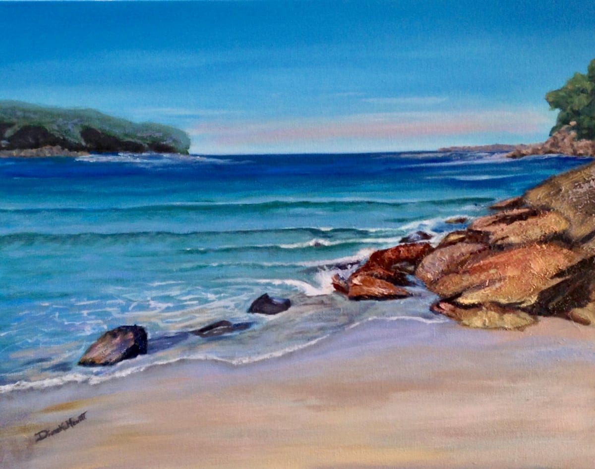 Tranquil Waves by Diane K. Hewitt  Image: A Peaceful Sandy, Rocky Beach and Waves in an  Original Fine Art Oil Painting, ‘Mindful Waves’, by Georgian Representational Artist Diane K. Hewitt 